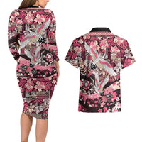 Japanese Hawaiian Crane Couples Matching Long Sleeve Bodycon Dress and Hawaiian Shirt Soft Pink Tapa Patchwork Pattern LT9 - Polynesian Pride