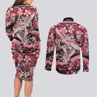 Japanese Hawaiian Crane Couples Matching Long Sleeve Bodycon Dress and Long Sleeve Button Shirt Soft Pink Tapa Patchwork Pattern LT9 - Polynesian Pride