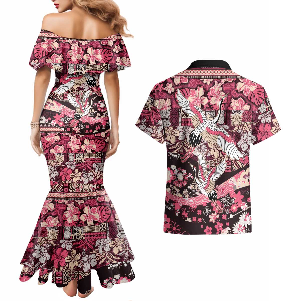 Japanese Hawaiian Crane Couples Matching Mermaid Dress and Hawaiian Shirt Soft Pink Tapa Patchwork Pattern LT9 - Polynesian Pride