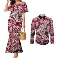Japanese Hawaiian Crane Couples Matching Mermaid Dress and Long Sleeve Button Shirt Soft Pink Tapa Patchwork Pattern LT9 Pink - Polynesian Pride