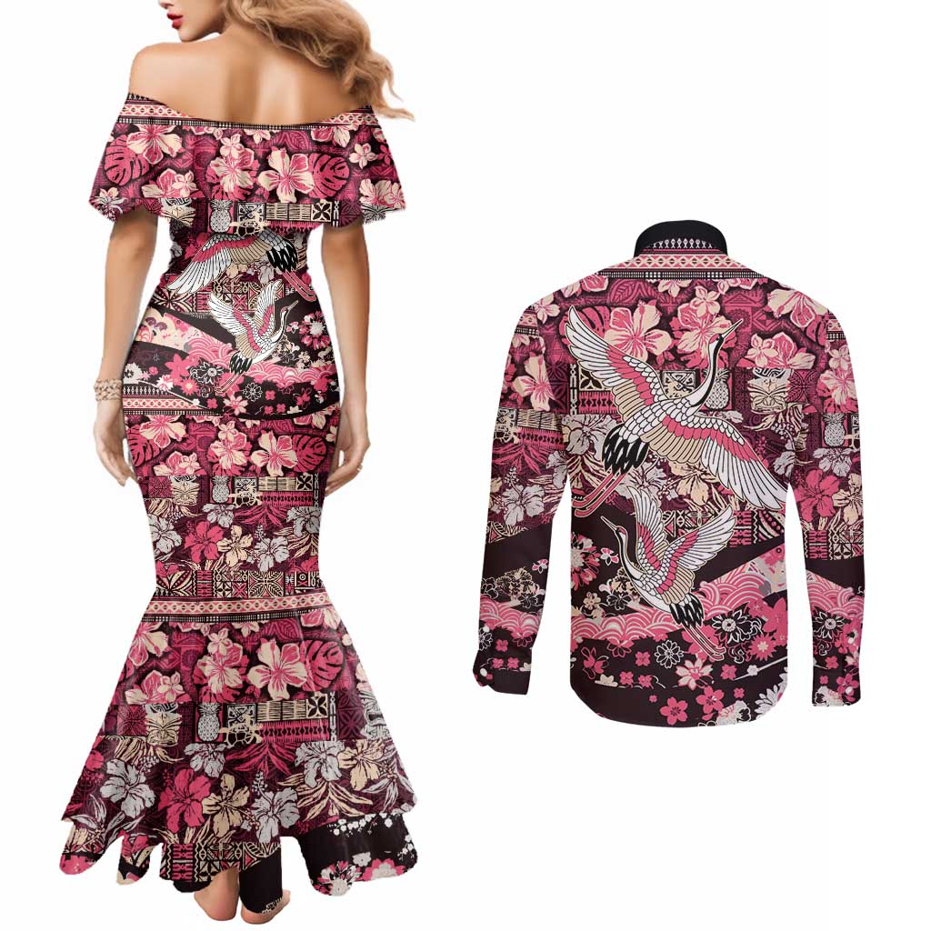 Japanese Hawaiian Crane Couples Matching Mermaid Dress and Long Sleeve Button Shirt Soft Pink Tapa Patchwork Pattern LT9 - Polynesian Pride