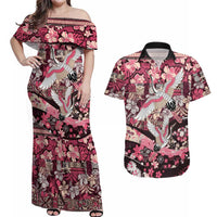 Japanese Hawaiian Crane Couples Matching Off Shoulder Maxi Dress and Hawaiian Shirt Soft Pink Tapa Patchwork Pattern LT9 Pink - Polynesian Pride