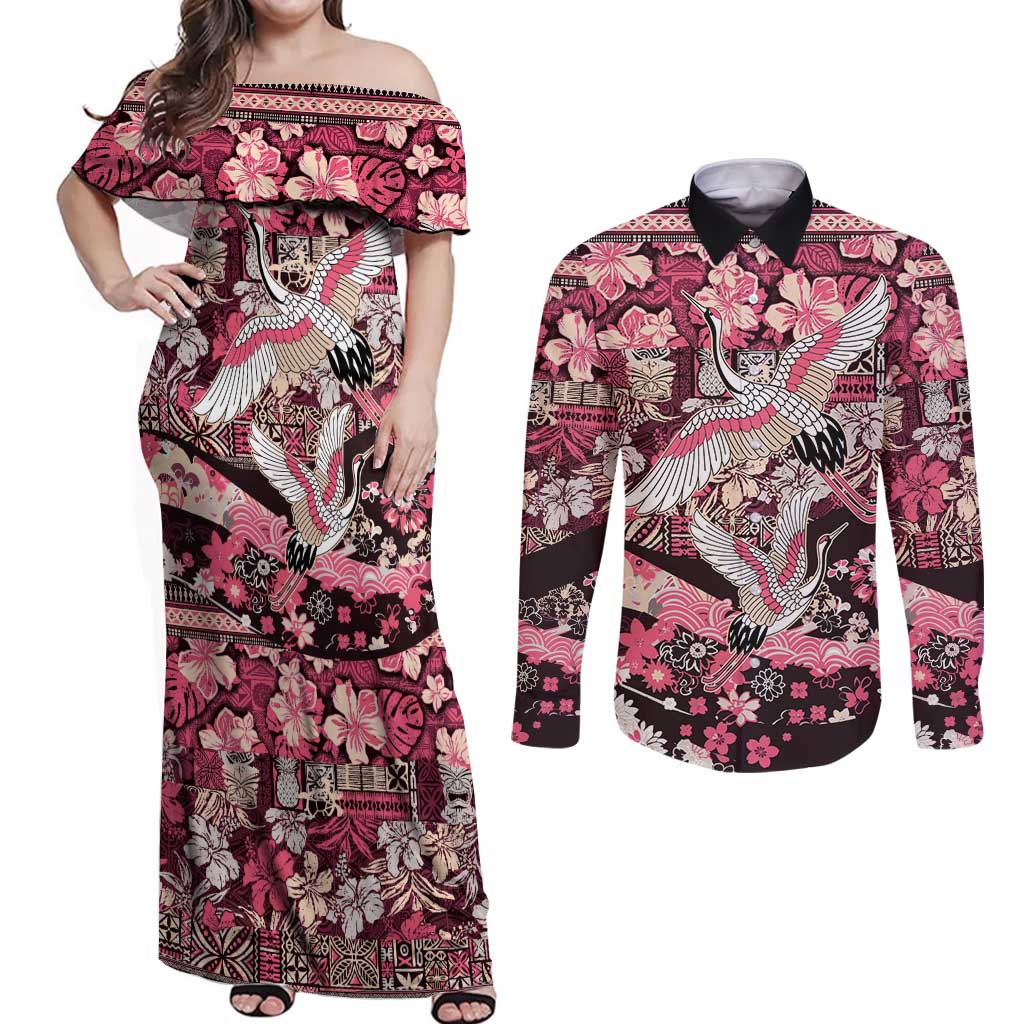 Japanese Hawaiian Crane Couples Matching Off Shoulder Maxi Dress and Long Sleeve Button Shirt Soft Pink Tapa Patchwork Pattern LT9 Pink - Polynesian Pride
