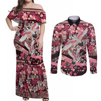 Japanese Hawaiian Crane Couples Matching Off Shoulder Maxi Dress and Long Sleeve Button Shirt Soft Pink Tapa Patchwork Pattern LT9 Pink - Polynesian Pride