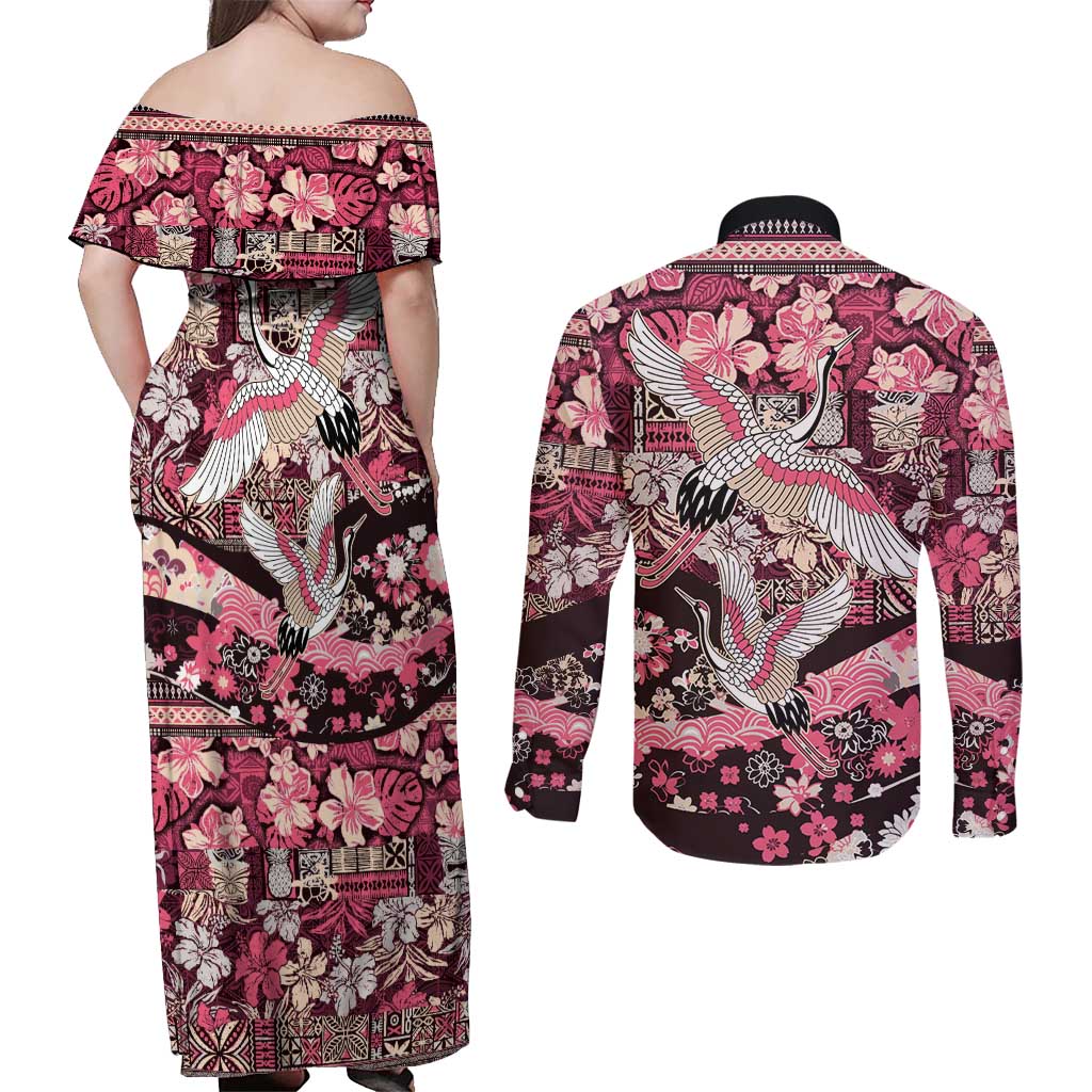 Japanese Hawaiian Crane Couples Matching Off Shoulder Maxi Dress and Long Sleeve Button Shirt Soft Pink Tapa Patchwork Pattern LT9 - Polynesian Pride
