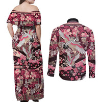 Japanese Hawaiian Crane Couples Matching Off Shoulder Maxi Dress and Long Sleeve Button Shirt Soft Pink Tapa Patchwork Pattern LT9 - Polynesian Pride