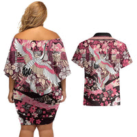 Japanese Hawaiian Crane Couples Matching Off Shoulder Short Dress and Hawaiian Shirt Soft Pink Tapa Patchwork Pattern LT9 - Polynesian Pride