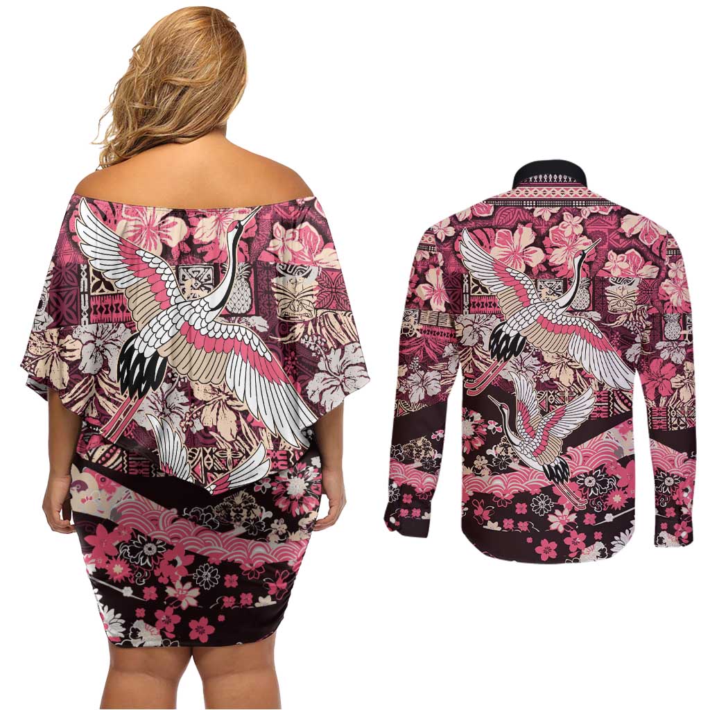 Japanese Hawaiian Crane Couples Matching Off Shoulder Short Dress and Long Sleeve Button Shirt Soft Pink Tapa Patchwork Pattern LT9 - Polynesian Pride