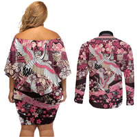 Japanese Hawaiian Crane Couples Matching Off Shoulder Short Dress and Long Sleeve Button Shirt Soft Pink Tapa Patchwork Pattern LT9 - Polynesian Pride