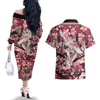 Japanese Hawaiian Crane Couples Matching Off The Shoulder Long Sleeve Dress and Hawaiian Shirt Soft Pink Tapa Patchwork Pattern LT9 - Polynesian Pride