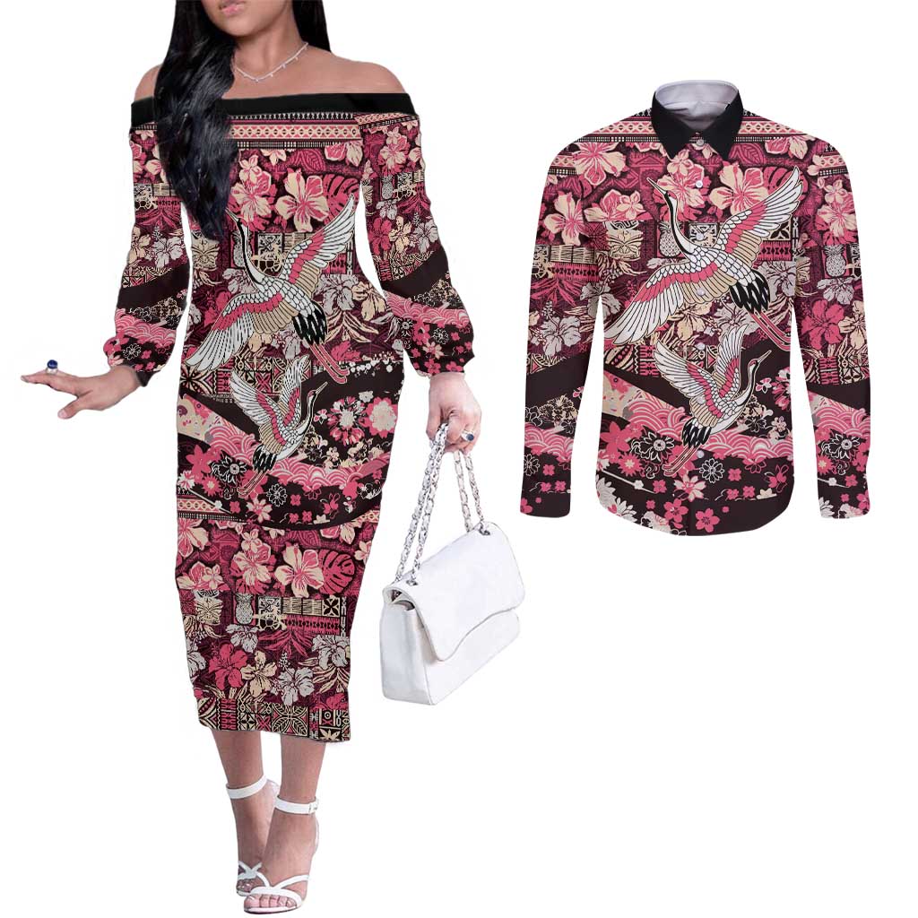 Japanese Hawaiian Crane Couples Matching Off The Shoulder Long Sleeve Dress and Long Sleeve Button Shirt Soft Pink Tapa Patchwork Pattern LT9 Pink - Polynesian Pride