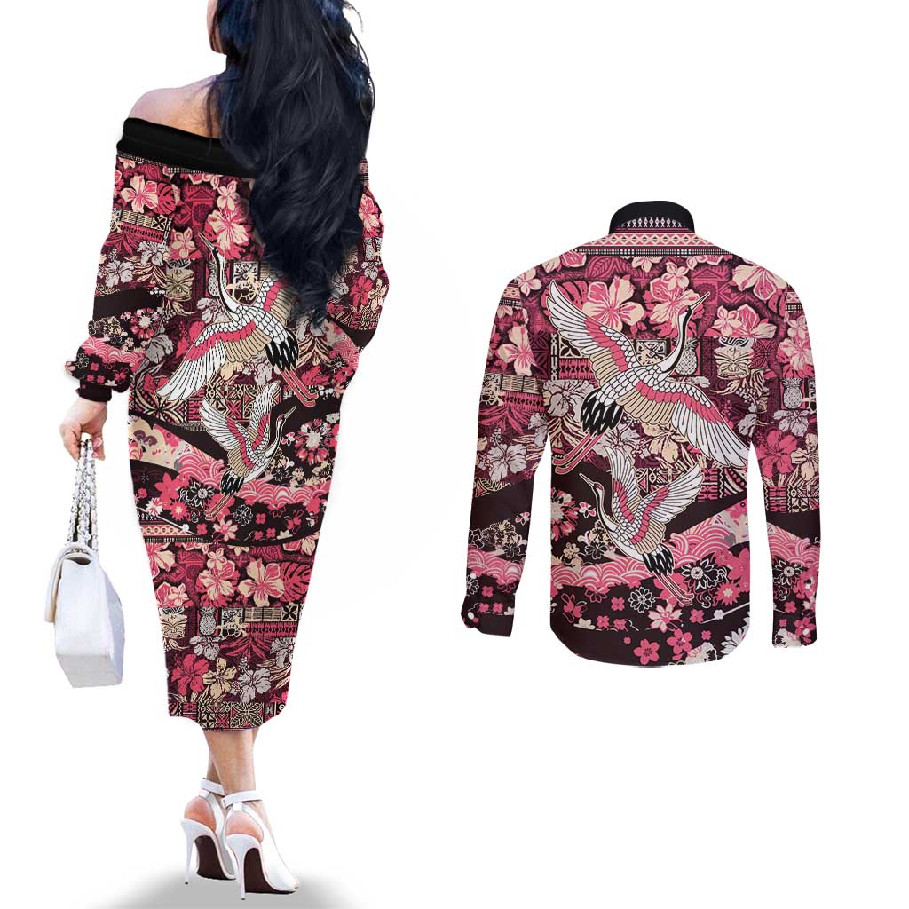 Japanese Hawaiian Crane Couples Matching Off The Shoulder Long Sleeve Dress and Long Sleeve Button Shirt Soft Pink Tapa Patchwork Pattern LT9 - Polynesian Pride