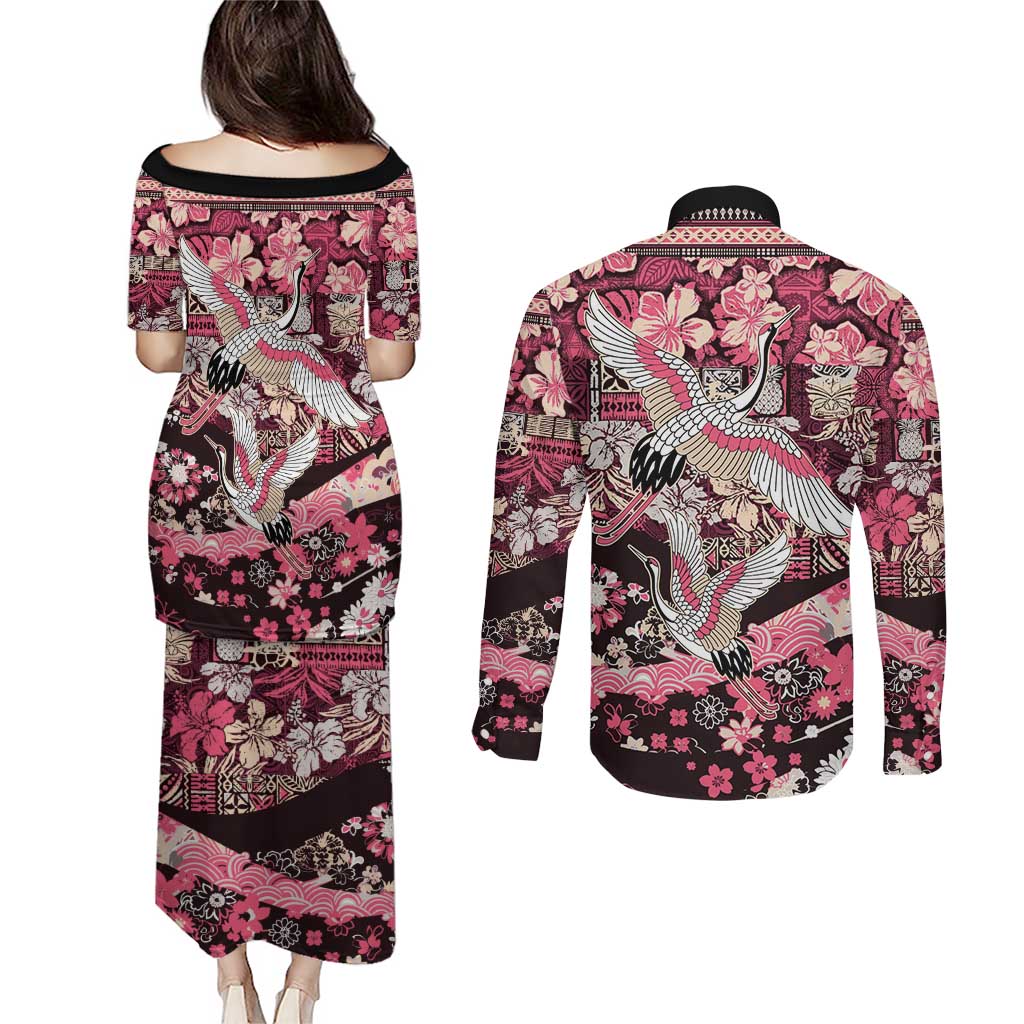 Japanese Hawaiian Crane Couples Matching Puletasi and Long Sleeve Button Shirt Soft Pink Tapa Patchwork Pattern LT9 - Polynesian Pride