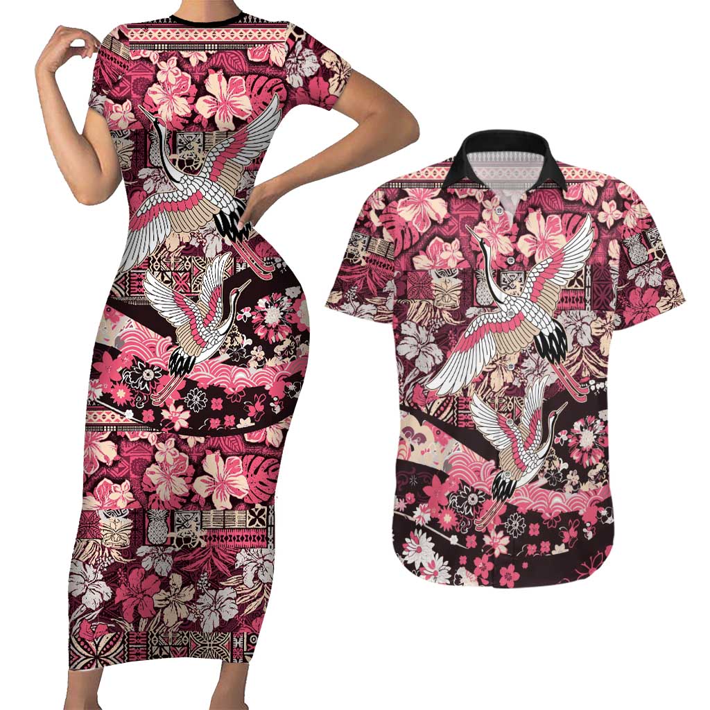 Japanese Hawaiian Crane Couples Matching Short Sleeve Bodycon Dress and Hawaiian Shirt Soft Pink Tapa Patchwork Pattern LT9 Pink - Polynesian Pride