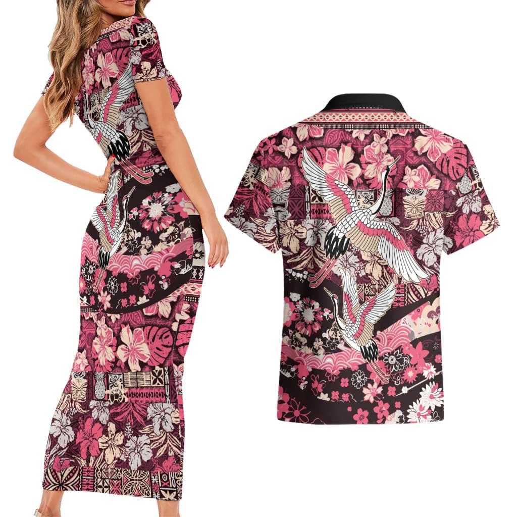 Japanese Hawaiian Crane Couples Matching Short Sleeve Bodycon Dress and Hawaiian Shirt Soft Pink Tapa Patchwork Pattern LT9 - Polynesian Pride