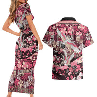 Japanese Hawaiian Crane Couples Matching Short Sleeve Bodycon Dress and Hawaiian Shirt Soft Pink Tapa Patchwork Pattern LT9 - Polynesian Pride