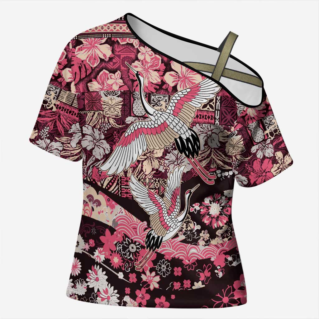 Japanese Hawaiian Crane Cross Shoulder Shirt Soft Pink Tapa Patchwork Pattern LT9 Female Pink - Polynesian Pride