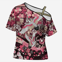Japanese Hawaiian Crane Cross Shoulder Shirt Soft Pink Tapa Patchwork Pattern LT9 Female Pink - Polynesian Pride