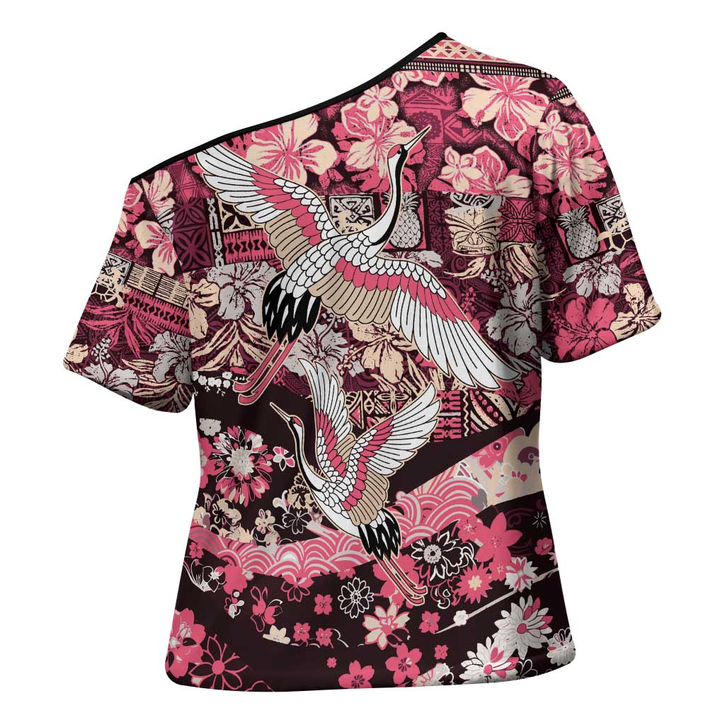 Japanese Hawaiian Crane Cross Shoulder Shirt Soft Pink Tapa Patchwork Pattern LT9 - Polynesian Pride