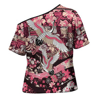 Japanese Hawaiian Crane Cross Shoulder Shirt Soft Pink Tapa Patchwork Pattern LT9 - Polynesian Pride