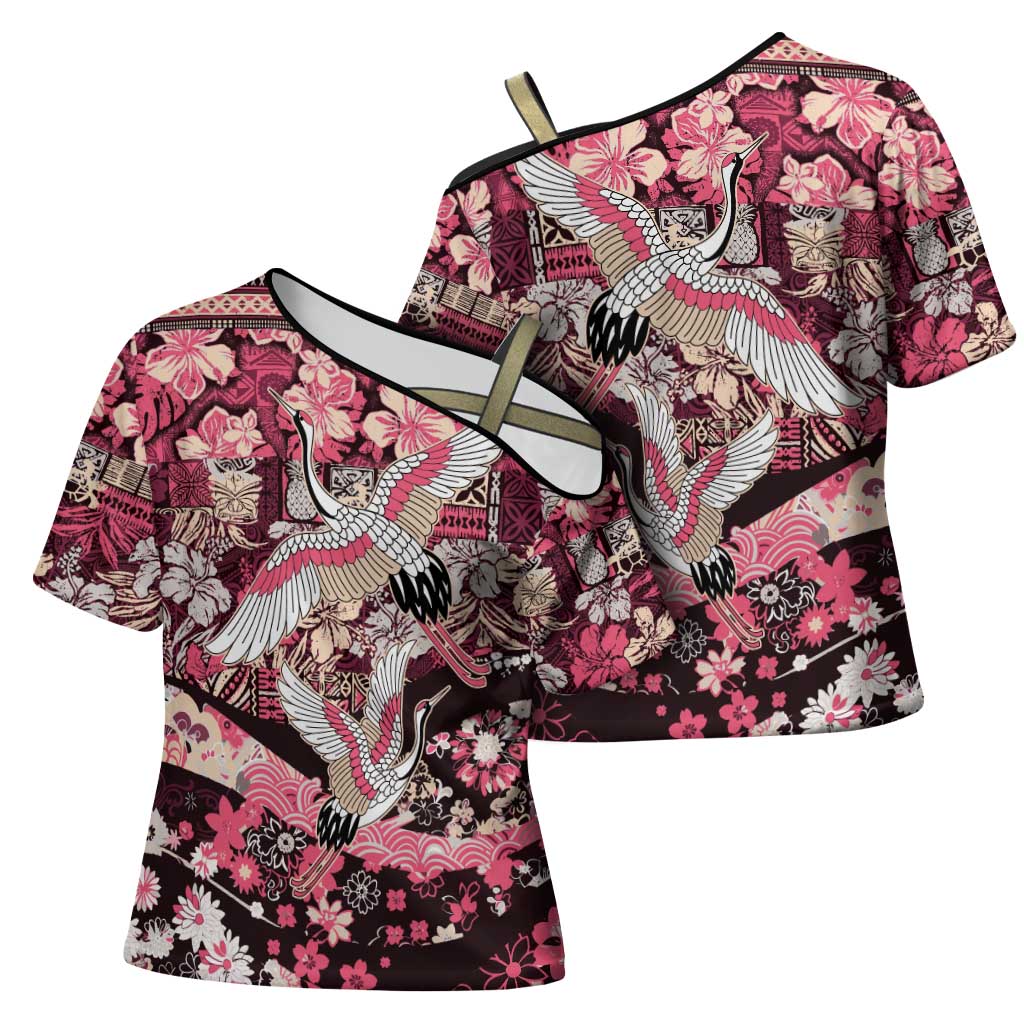 Japanese Hawaiian Crane Cross Shoulder Shirt Soft Pink Tapa Patchwork Pattern LT9 - Polynesian Pride