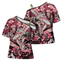 Japanese Hawaiian Crane Cross Shoulder Shirt Soft Pink Tapa Patchwork Pattern LT9 - Polynesian Pride