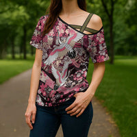 Japanese Hawaiian Crane Cross Shoulder Shirt Soft Pink Tapa Patchwork Pattern LT9 - Polynesian Pride