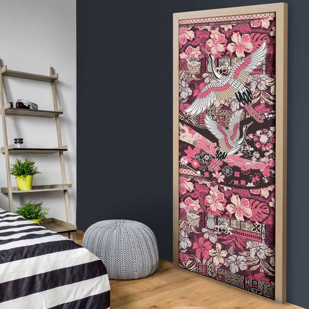Japanese Hawaiian Crane Door Cover Soft Pink Tapa Patchwork Pattern LT9 - Polynesian Pride