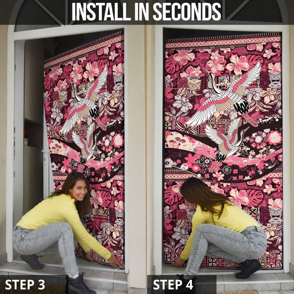 Japanese Hawaiian Crane Door Cover Soft Pink Tapa Patchwork Pattern LT9 - Polynesian Pride