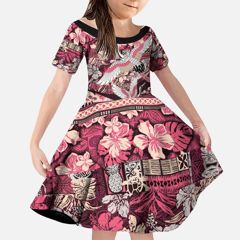 Japanese Hawaiian Crane Family Matching Off Shoulder Maxi Dress and Hawaiian Shirt Soft Pink Tapa Patchwork Pattern LT9 Daughter's Dress Pink - Polynesian Pride