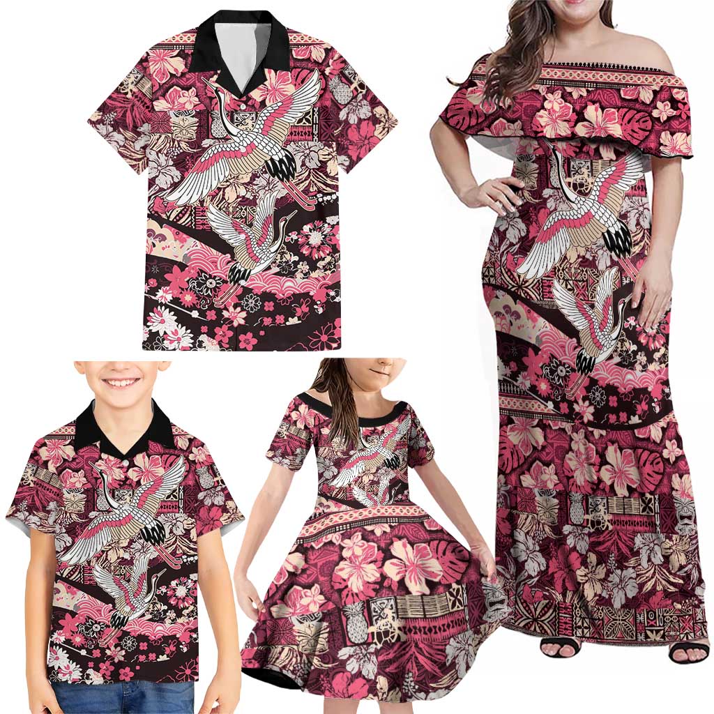 Japanese Hawaiian Crane Family Matching Off Shoulder Maxi Dress and Hawaiian Shirt Soft Pink Tapa Patchwork Pattern LT9 - Polynesian Pride
