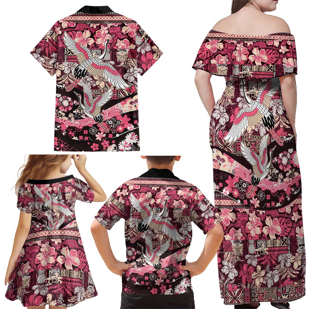 Japanese Hawaiian Crane Family Matching Off Shoulder Maxi Dress and Hawaiian Shirt Soft Pink Tapa Patchwork Pattern LT9 - Polynesian Pride