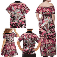 Japanese Hawaiian Crane Family Matching Off Shoulder Maxi Dress and Hawaiian Shirt Soft Pink Tapa Patchwork Pattern LT9 - Polynesian Pride