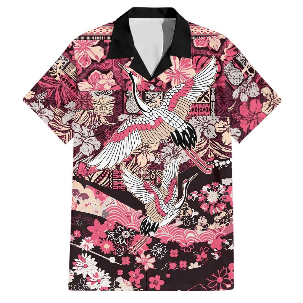 Japanese Hawaiian Crane Family Matching Off Shoulder Maxi Dress and Hawaiian Shirt Soft Pink Tapa Patchwork Pattern LT9 Dad's Shirt - Short Sleeve Pink - Polynesian Pride