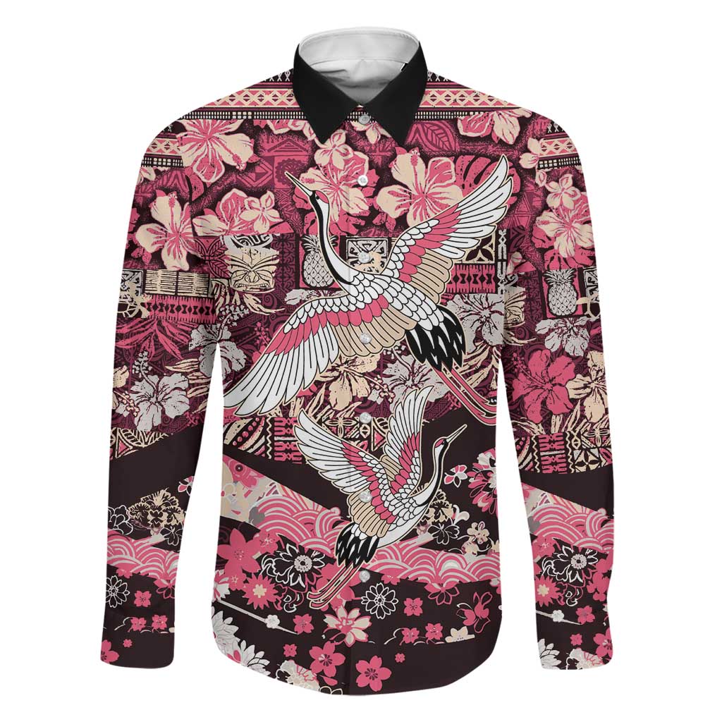 Japanese Hawaiian Crane Family Matching Off Shoulder Maxi Dress and Hawaiian Shirt Soft Pink Tapa Patchwork Pattern LT9 Dad's Shirt - Long Sleeve Pink - Polynesian Pride