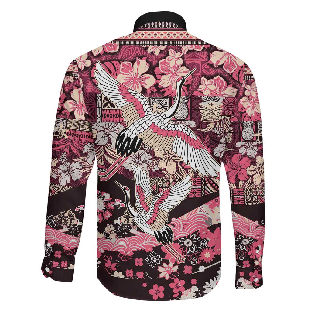 Japanese Hawaiian Crane Family Matching Off Shoulder Maxi Dress and Hawaiian Shirt Soft Pink Tapa Patchwork Pattern LT9 - Polynesian Pride