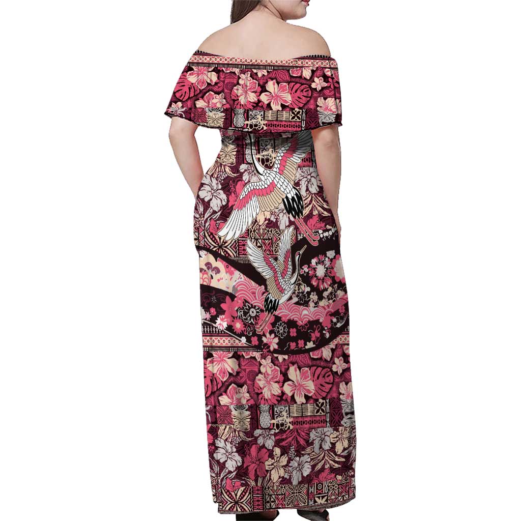 Japanese Hawaiian Crane Family Matching Off Shoulder Maxi Dress and Hawaiian Shirt Soft Pink Tapa Patchwork Pattern LT9 - Polynesian Pride
