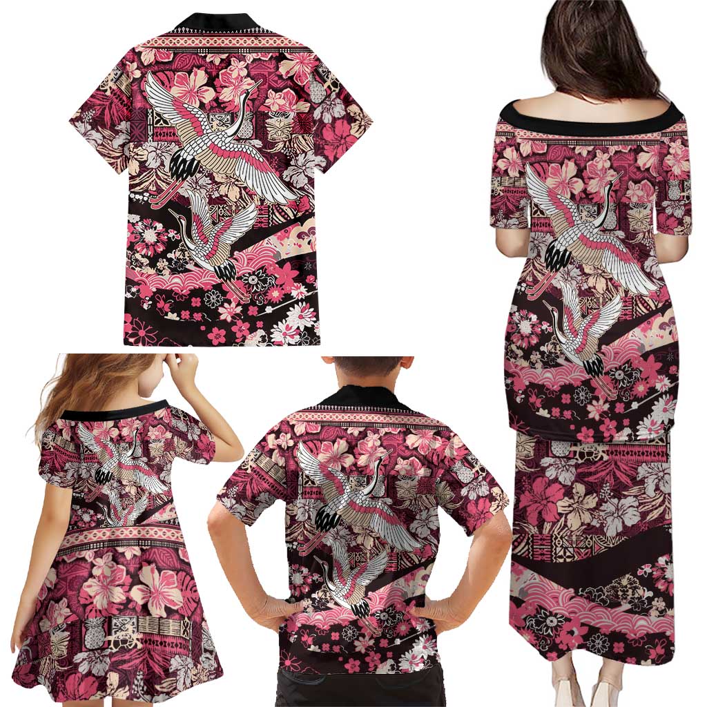Japanese Hawaiian Crane Family Matching Puletasi and Hawaiian Shirt Soft Pink Tapa Patchwork Pattern LT9 - Polynesian Pride