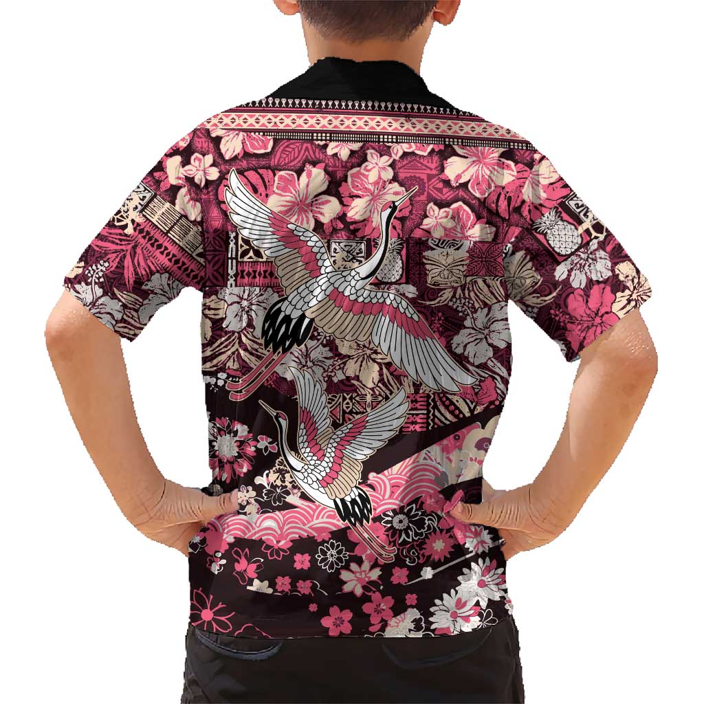 Japanese Hawaiian Crane Family Matching Summer Maxi Dress and Hawaiian Shirt Soft Pink Tapa Patchwork Pattern LT9 - Polynesian Pride
