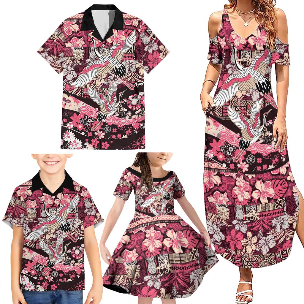 Japanese Hawaiian Crane Family Matching Summer Maxi Dress and Hawaiian Shirt Soft Pink Tapa Patchwork Pattern LT9 - Polynesian Pride