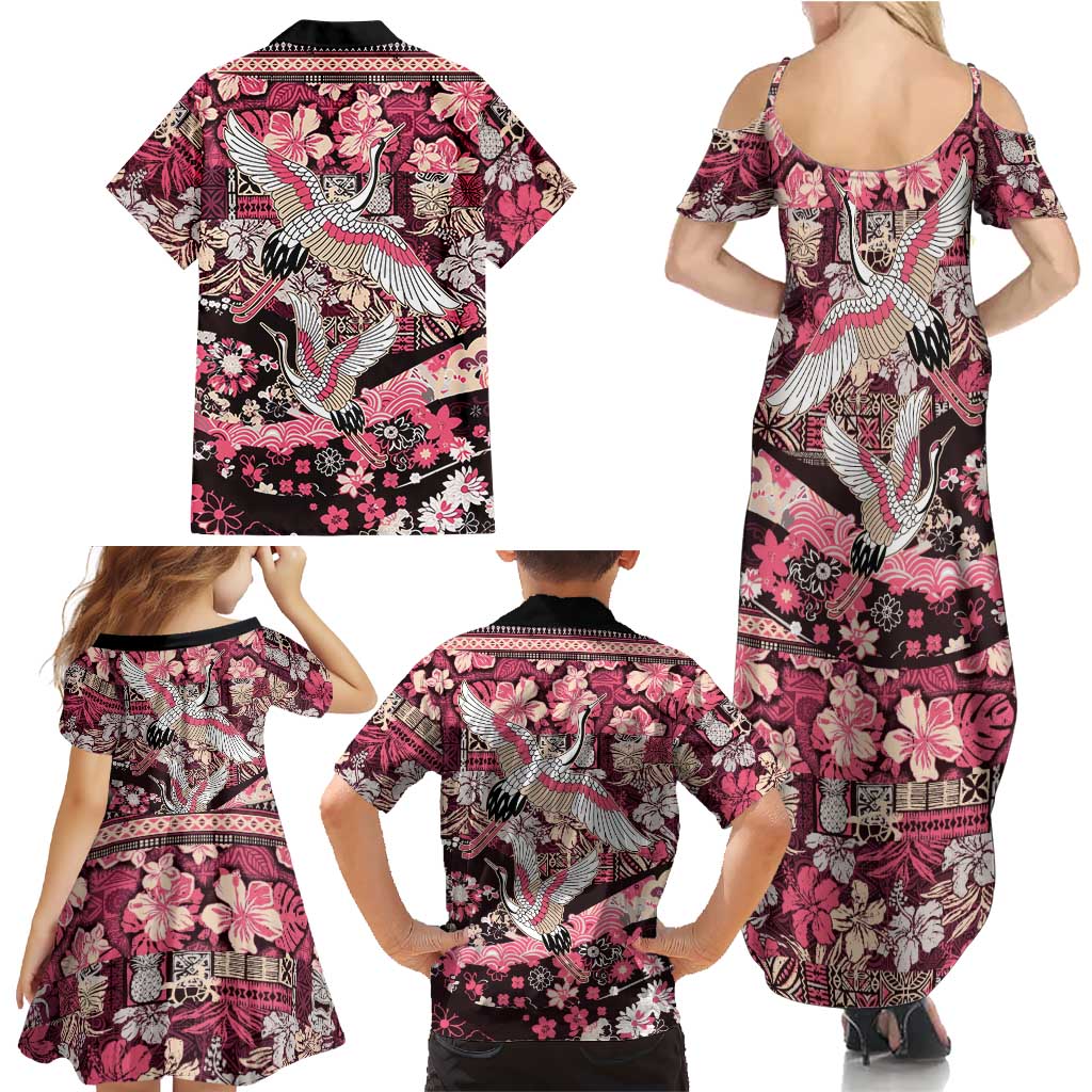 Japanese Hawaiian Crane Family Matching Summer Maxi Dress and Hawaiian Shirt Soft Pink Tapa Patchwork Pattern LT9 - Polynesian Pride