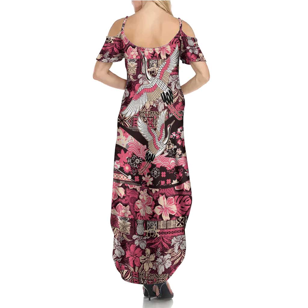 Japanese Hawaiian Crane Family Matching Summer Maxi Dress and Hawaiian Shirt Soft Pink Tapa Patchwork Pattern LT9 - Polynesian Pride