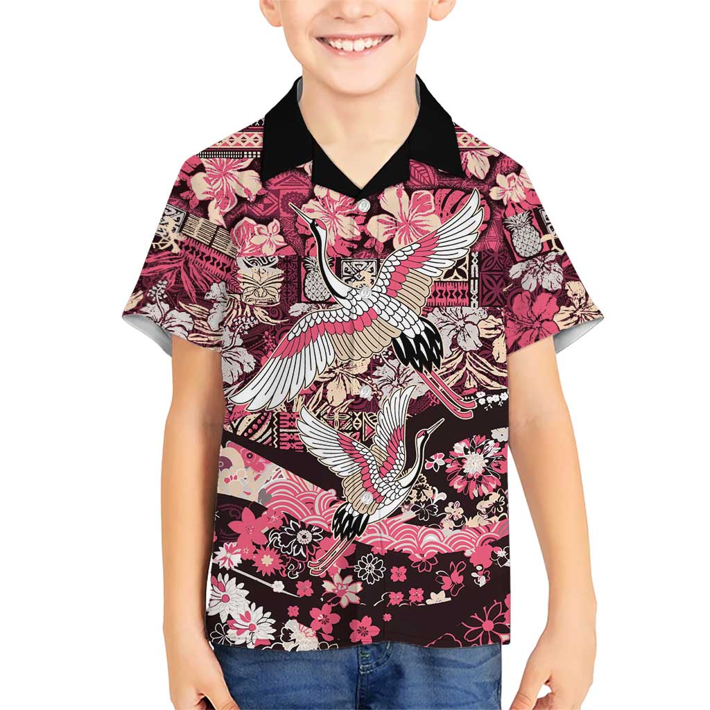 Japanese Hawaiian Crane Family Matching Summer Maxi Dress and Hawaiian Shirt Soft Pink Tapa Patchwork Pattern LT9 Son's Shirt Pink - Polynesian Pride