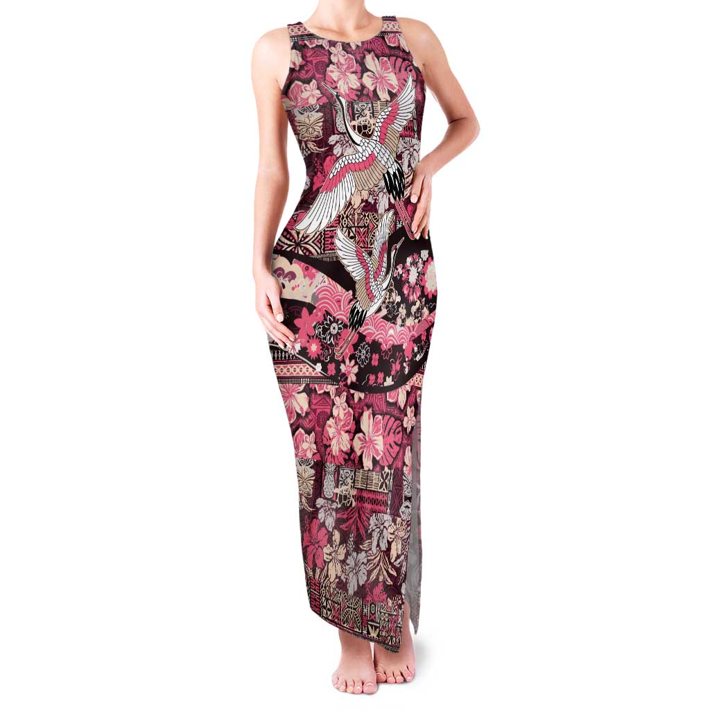 Japanese Hawaiian Crane Family Matching Tank Maxi Dress and Hawaiian Shirt Soft Pink Tapa Patchwork Pattern LT9 Mom's Dress Pink - Polynesian Pride