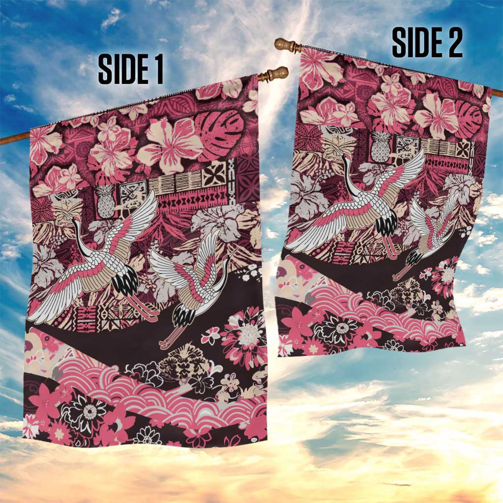 Japanese Hawaiian Crane Garden Flag Soft Pink Tapa Patchwork Pattern LT9 - Polynesian Pride