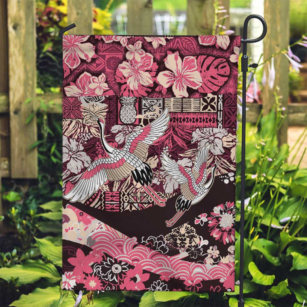 Japanese Hawaiian Crane Garden Flag Soft Pink Tapa Patchwork Pattern LT9 Garden Flag Pink - Polynesian Pride