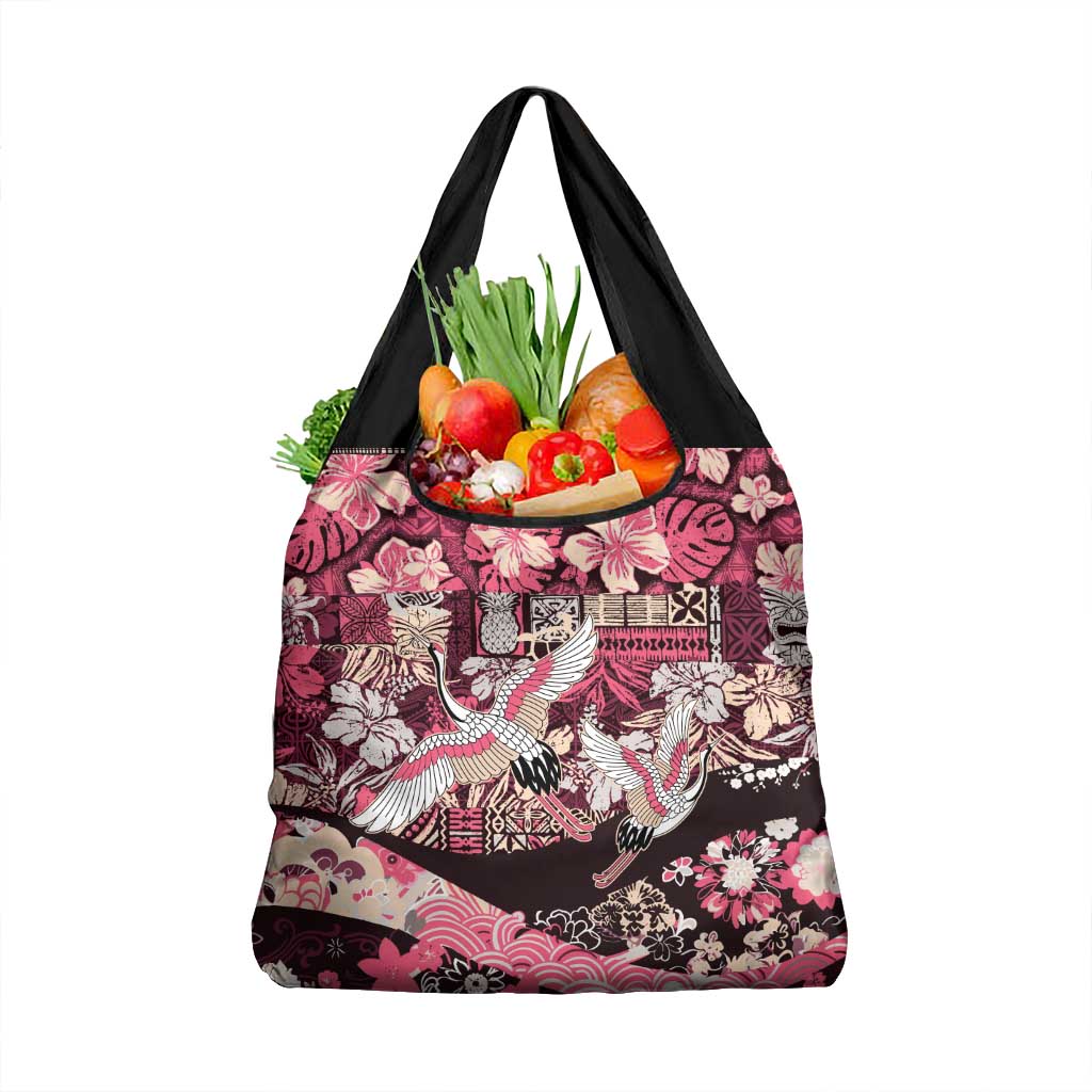 Japanese Hawaiian Crane Grocery Bag Soft Pink Tapa Patchwork Pattern LT9 1-pack One Size Pink - Polynesian Pride