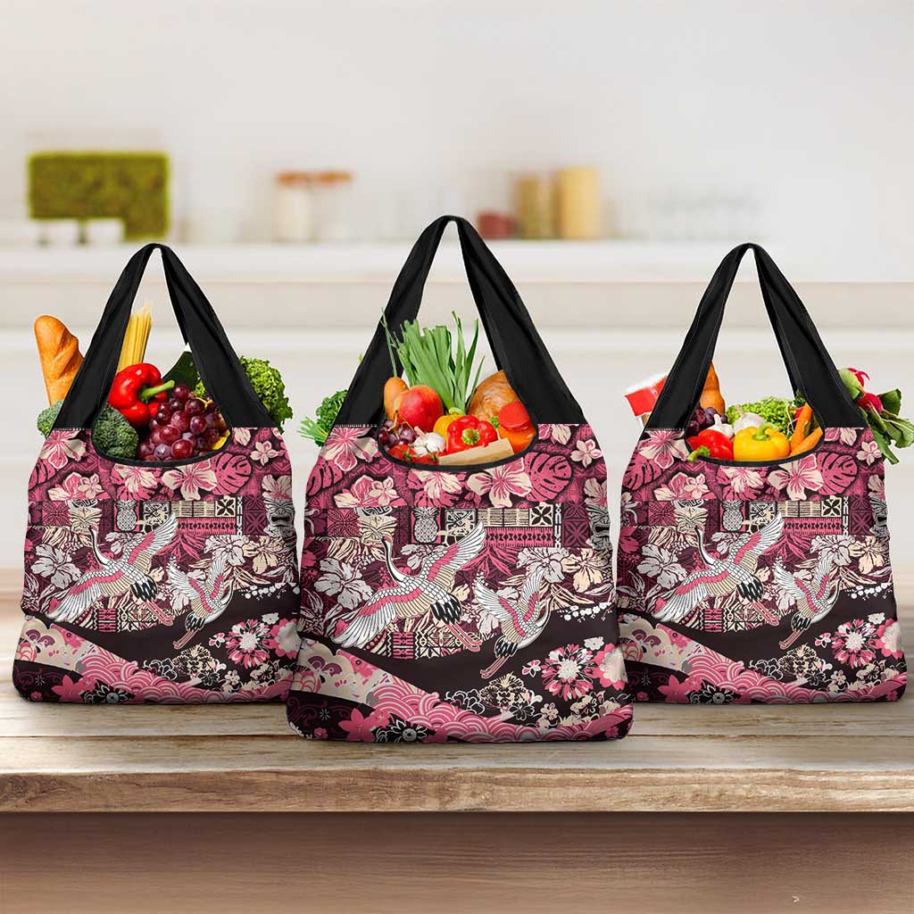Japanese Hawaiian Crane Grocery Bag Soft Pink Tapa Patchwork Pattern LT9 3-pack One Size Pink - Polynesian Pride