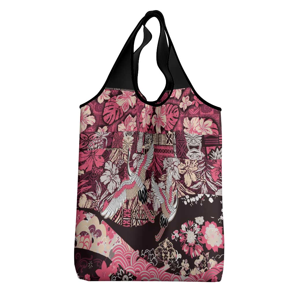 Japanese Hawaiian Crane Grocery Bag Soft Pink Tapa Patchwork Pattern LT9 - Polynesian Pride