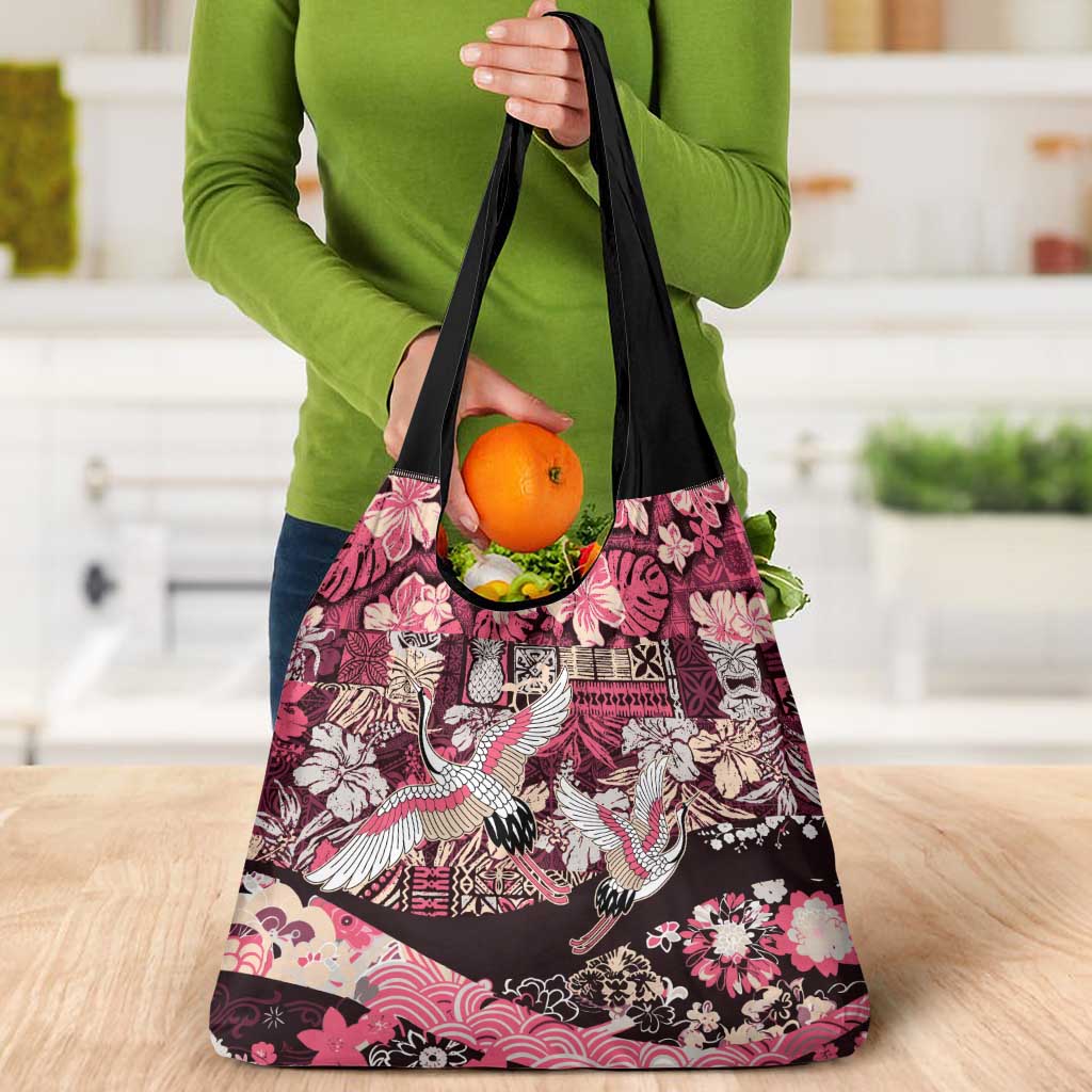 Japanese Hawaiian Crane Grocery Bag Soft Pink Tapa Patchwork Pattern LT9 - Polynesian Pride